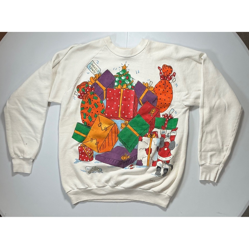 VTG USA Made Homemade Painted Christmas Sweatshirt Women XL White Holiday